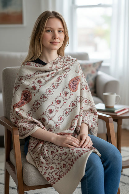 Kashmiri Woolen shawl with Embroidery | Elegant Winter Wrap | Traditional Ethnic Wear for Women - OffWhite