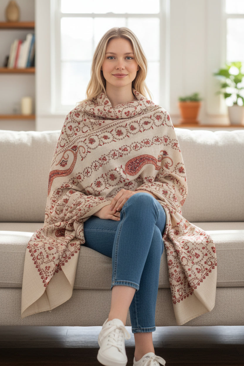 Kashmiri Woolen shawl with Embroidery | Elegant Winter Wrap | Traditional Ethnic Wear for Women - OffWhite