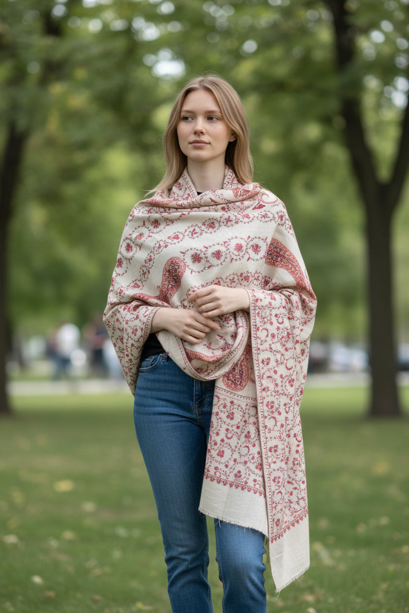 Kashmiri Woolen shawl with Embroidery | Elegant Winter Wrap | Traditional Ethnic Wear for Women - OffWhite