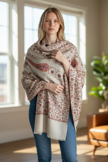 Kashmiri Woolen shawl with Embroidery | Elegant Winter Wrap | Traditional Ethnic Wear for Women - OffWhite