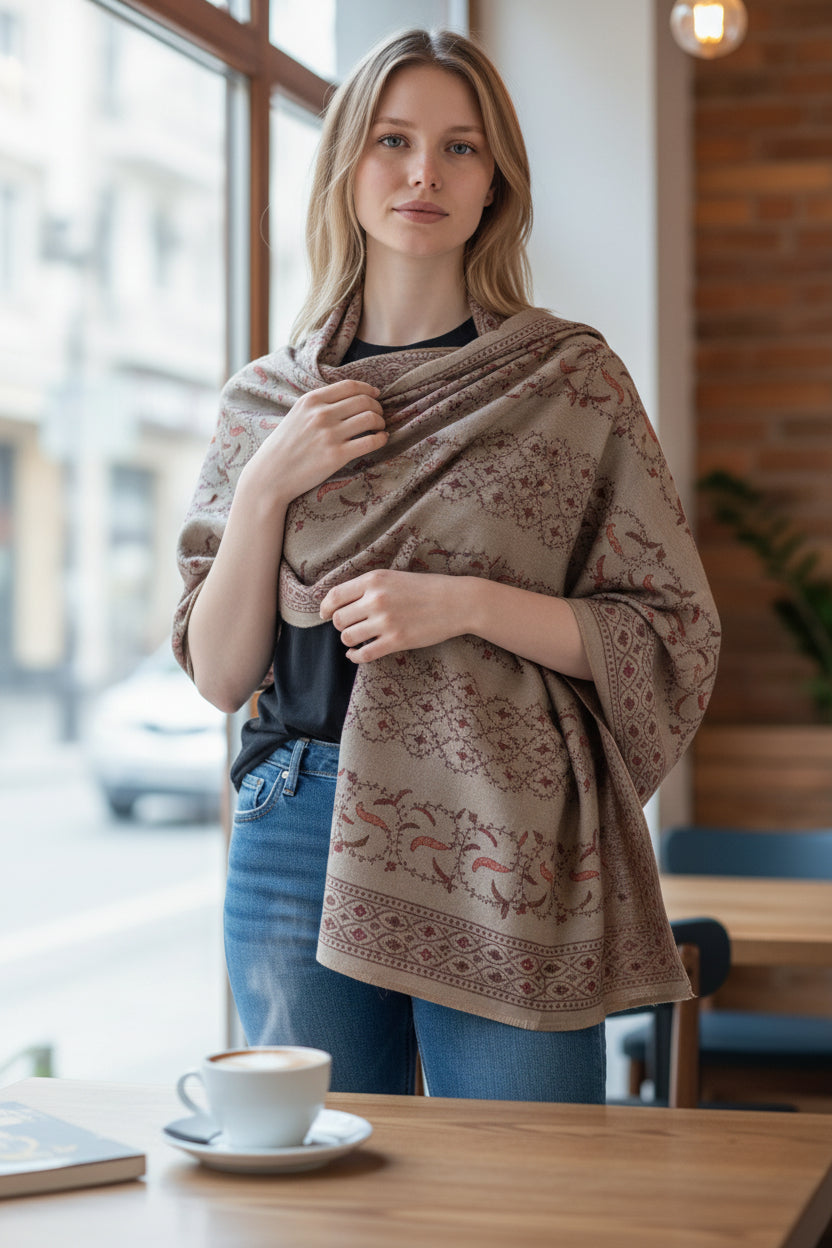 Kashmiri Woolen shawl with Embroidery | Elegant Winter Wrap | Traditional Ethnic Wear for Women - Soft Taupe