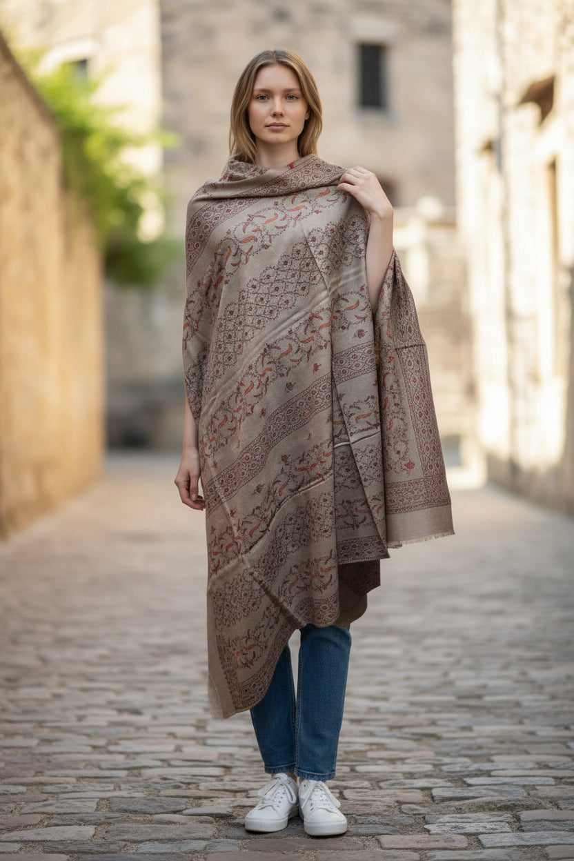 Kashmiri Woolen shawl with Embroidery | Elegant Winter Wrap | Traditional Ethnic Wear for Women - Soft Taupe