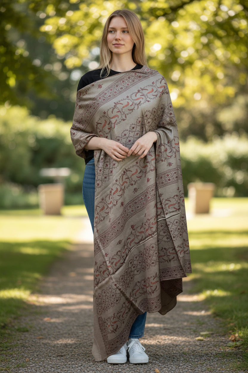 Kashmiri Woolen shawl with Embroidery | Elegant Winter Wrap | Traditional Ethnic Wear for Women - Soft Taupe
