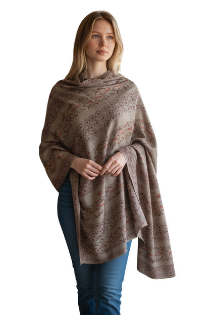 Kashmiri Woolen shawl with Embroidery | Elegant Winter Wrap | Traditional Ethnic Wear for Women - Soft Taupe