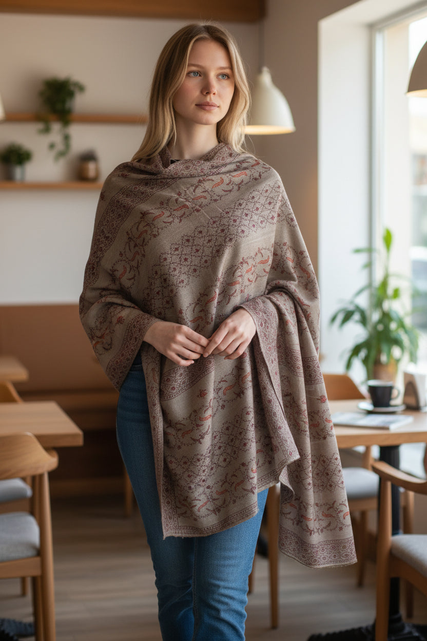 Kashmiri Woolen shawl with Embroidery | Elegant Winter Wrap | Traditional Ethnic Wear for Women - Soft Taupe