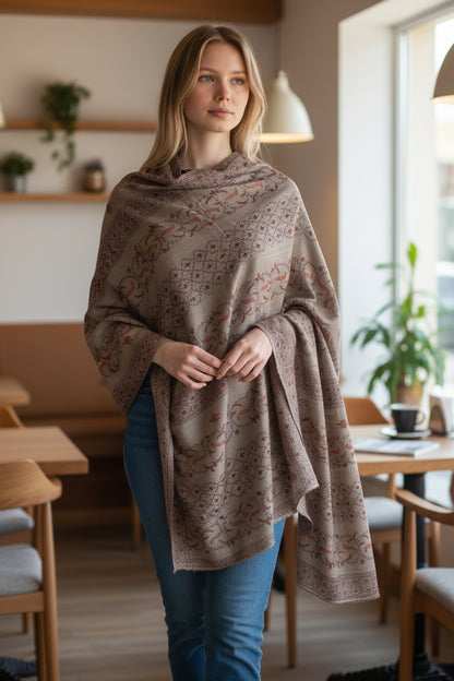 Kashmiri Woolen shawl with Embroidery | Elegant Winter Wrap | Traditional Ethnic Wear for Women - Soft Taupe