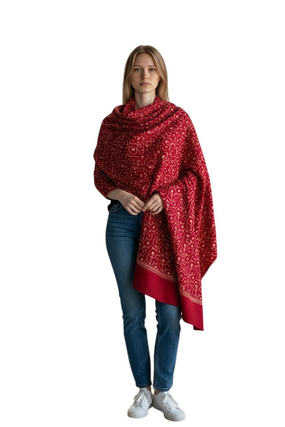 Kashmiri Woolen shawl with Embroidery | Elegant Winter Wrap | Traditional Ethnic Wear for Women - Maroon