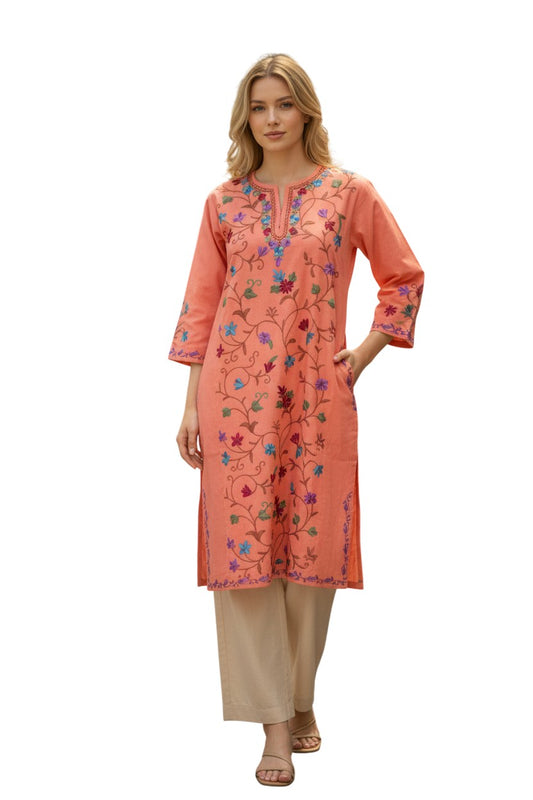 Kashmiri Woolen Pheran with Traditional Aari Embroidery - Orange