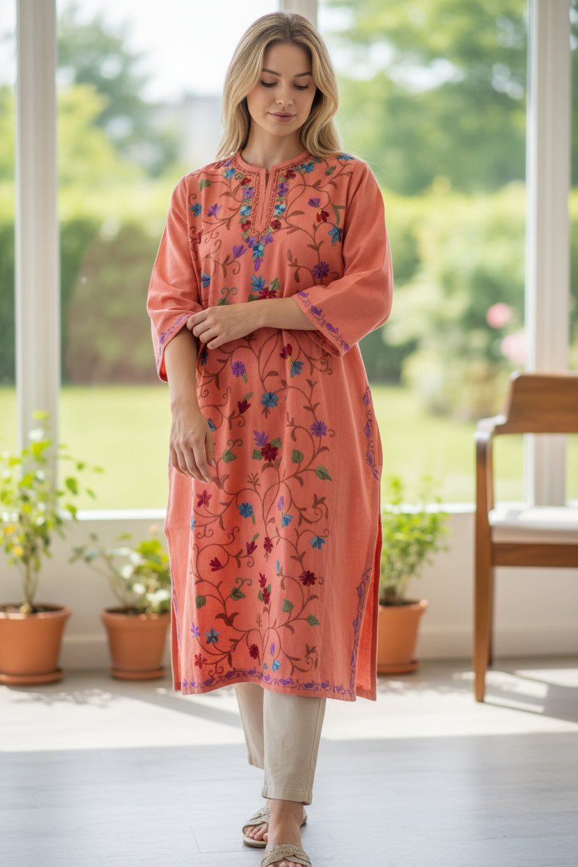 Kashmiri Woolen Pheran with Traditional Aari Embroidery - Orange