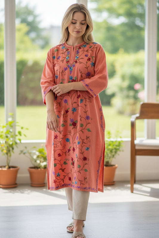 Kashmiri Woolen Pheran with Traditional Aari Embroidery - Orange