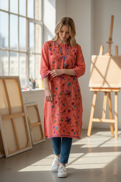 Kashmiri Woolen Pheran with Traditional Aari Embroidery - Orange