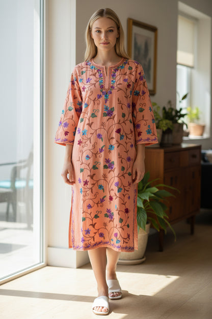 Kashmiri Woolen Pheran with Traditional Aari Embroidery - Orange