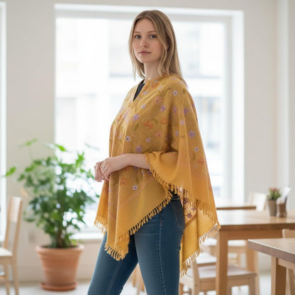 Kashmiri Woolen Ethenic Shrugs, Ponchu - Yellow