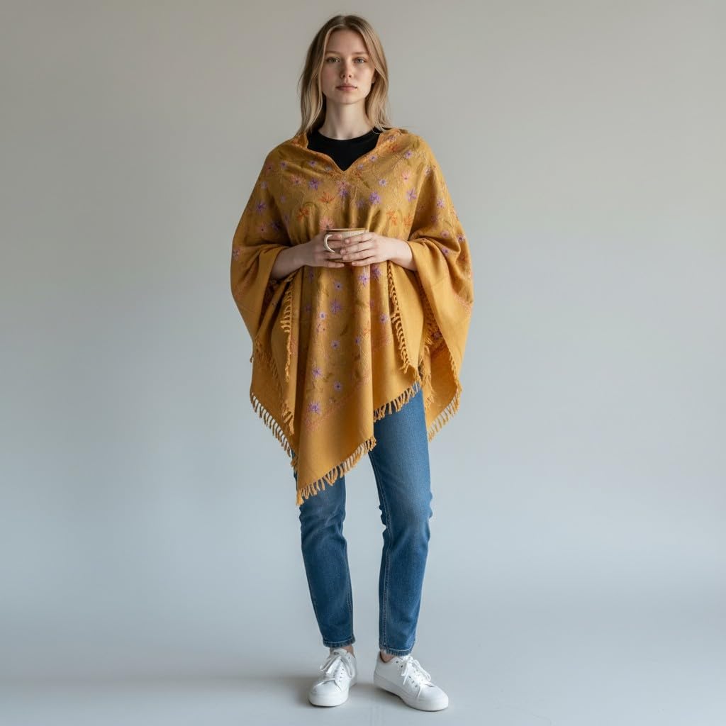 Kashmiri Woolen Ethenic Shrugs, Ponchu - Yellow