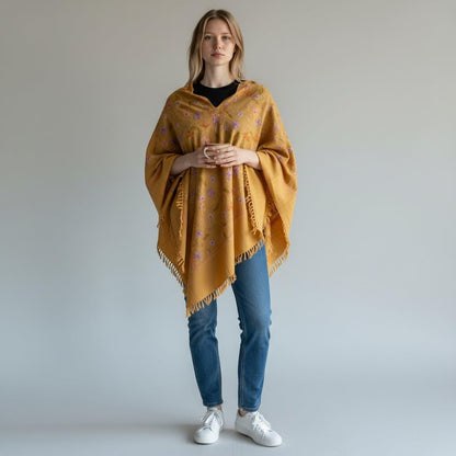 Kashmiri Woolen Ethenic Shrugs, Ponchu - Yellow