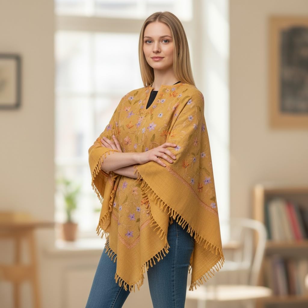 Kashmiri Woolen Ethenic Shrugs, Ponchu - Yellow