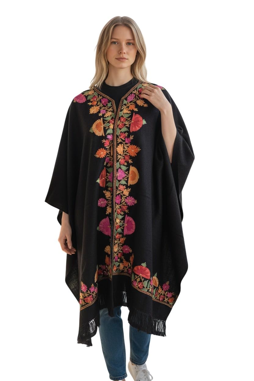 Kashmiri Woolen Ethenic Shrugs, Ponchu - Black