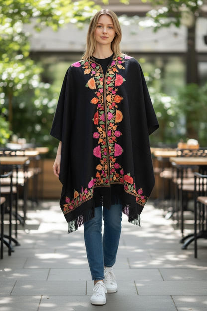 Kashmiri Woolen Ethenic Shrugs, Ponchu - Black