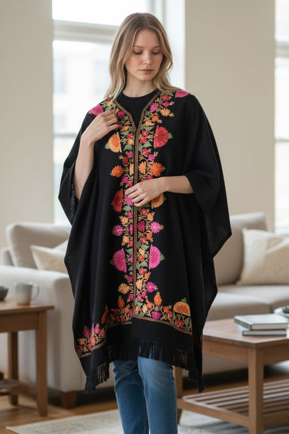 Kashmiri Woolen Ethenic Shrugs, Ponchu - Black