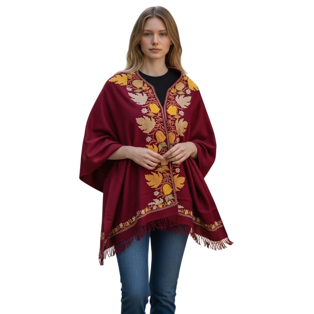 Kashmiri Woolen Ethenic Shrugs, Ponchu - Maroon
