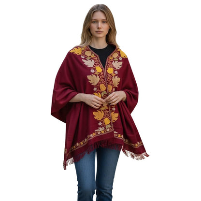 Kashmiri Woolen Ethenic Shrugs, Ponchu - Maroon