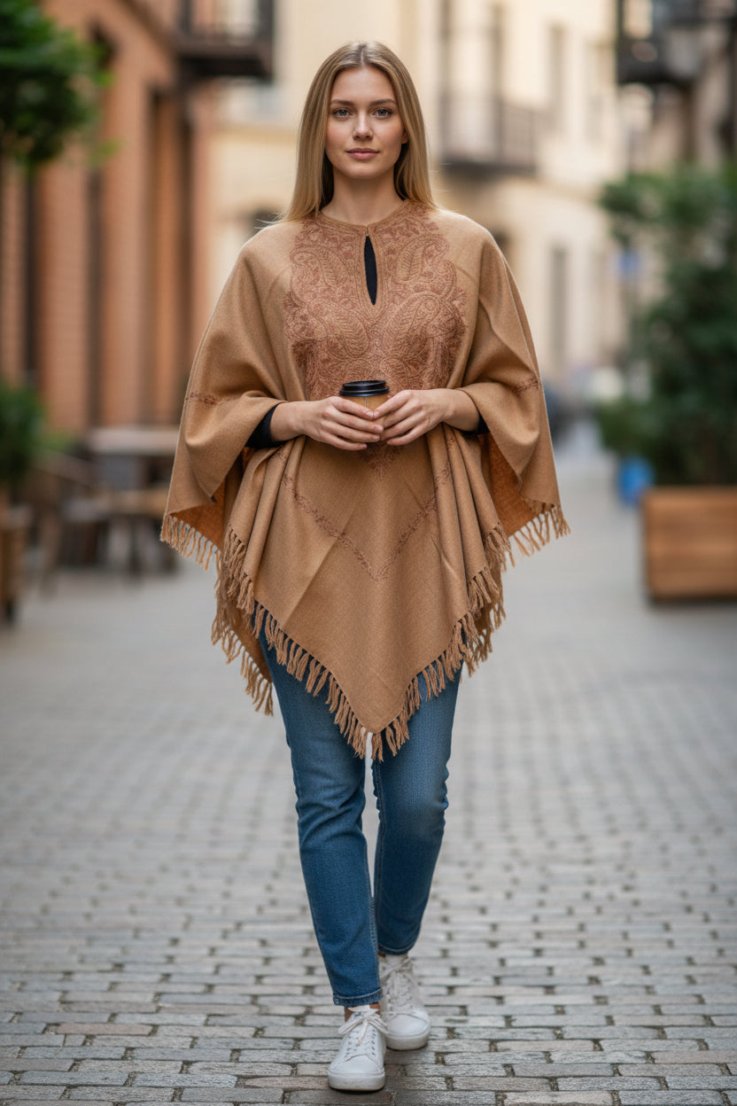 Kashmiri Woolen Ethenic Shrugs, Ponchu - Beige