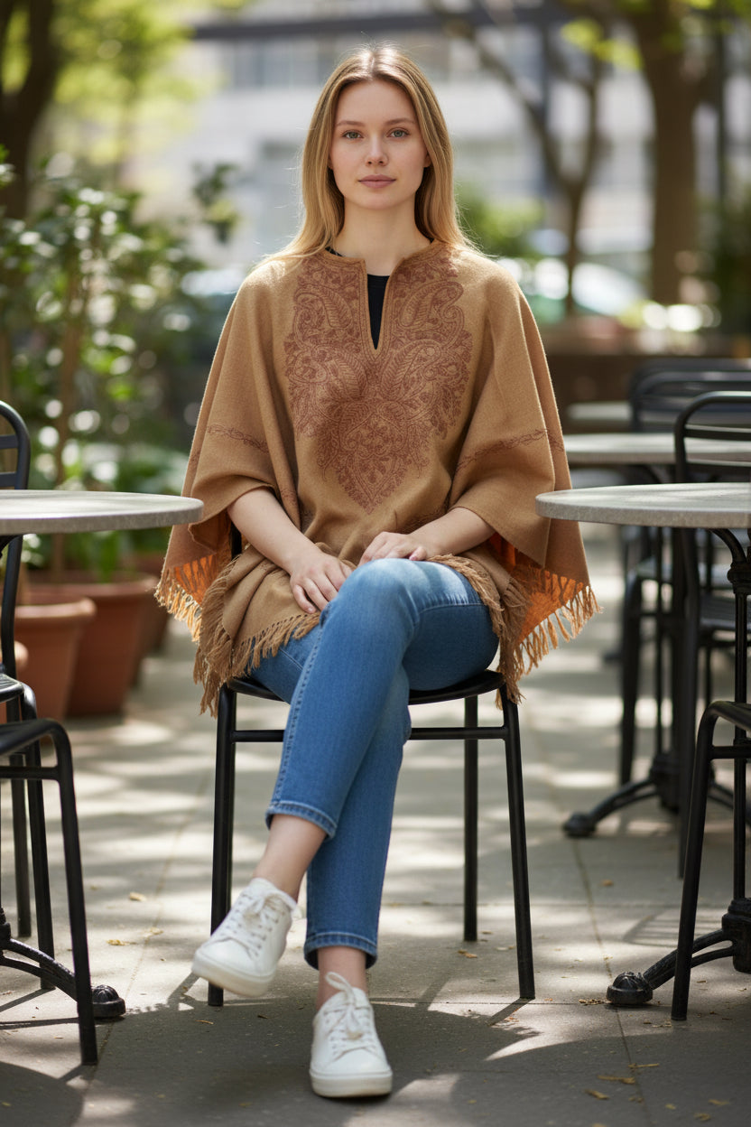 Kashmiri Woolen Ethenic Shrugs, Ponchu - Beige