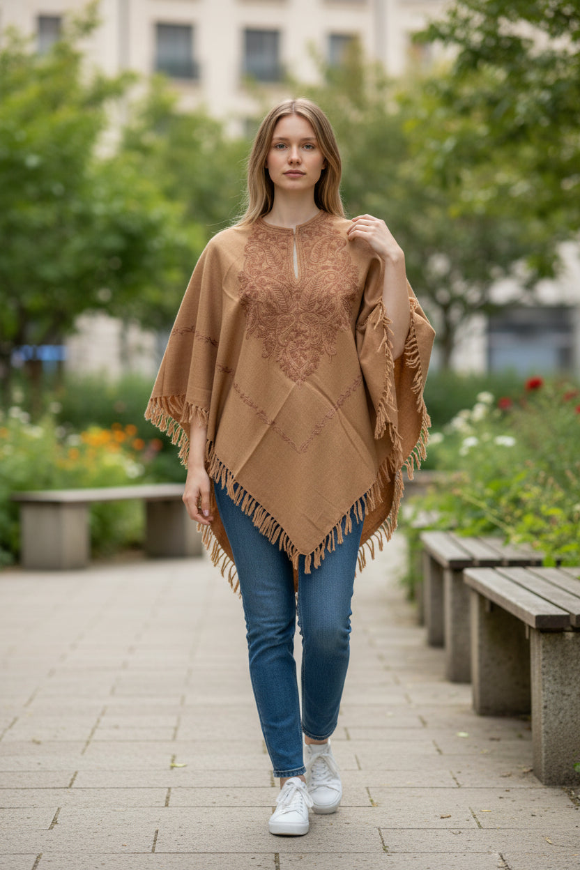 Kashmiri Woolen Ethenic Shrugs, Ponchu - Beige