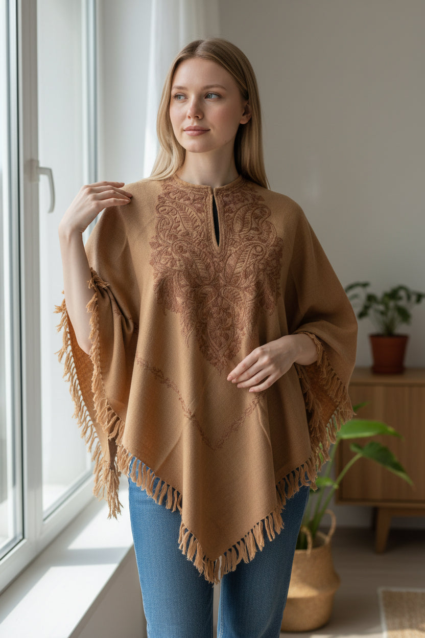 Kashmiri Woolen Ethenic Shrugs, Ponchu - Beige