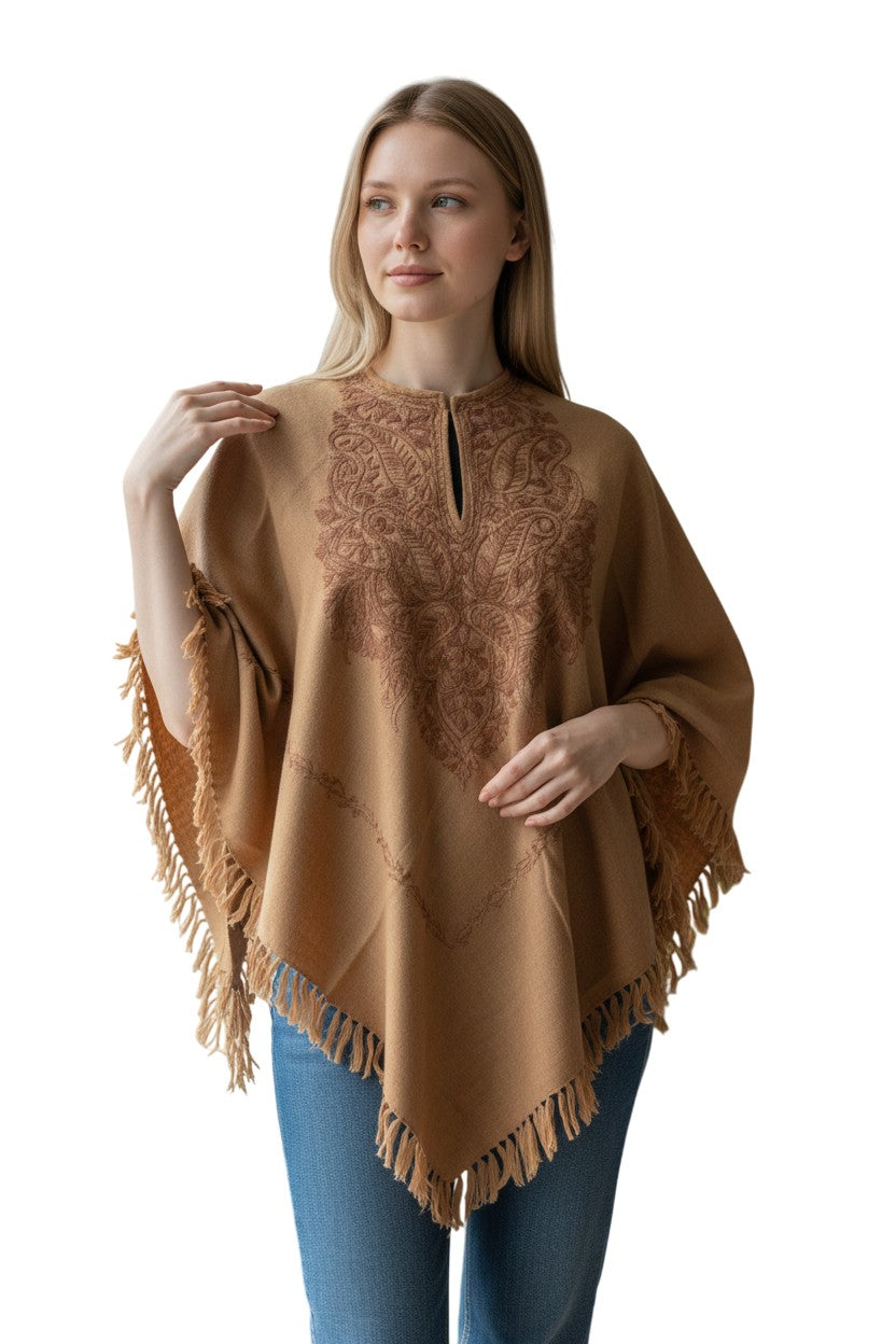 Kashmiri Woolen Ethenic Shrugs, Ponchu - Beige