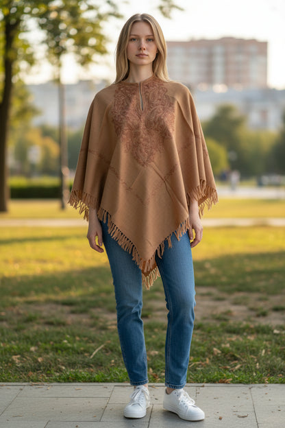 Kashmiri Woolen Ethenic Shrugs, Ponchu - Beige