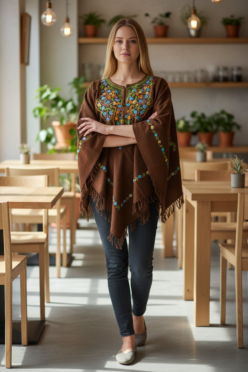 Kashmiri Woolen Ethenic Shrugs, Ponchu - Brown
