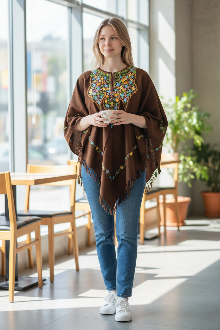Kashmiri Woolen Ethenic Shrugs, Ponchu - Brown