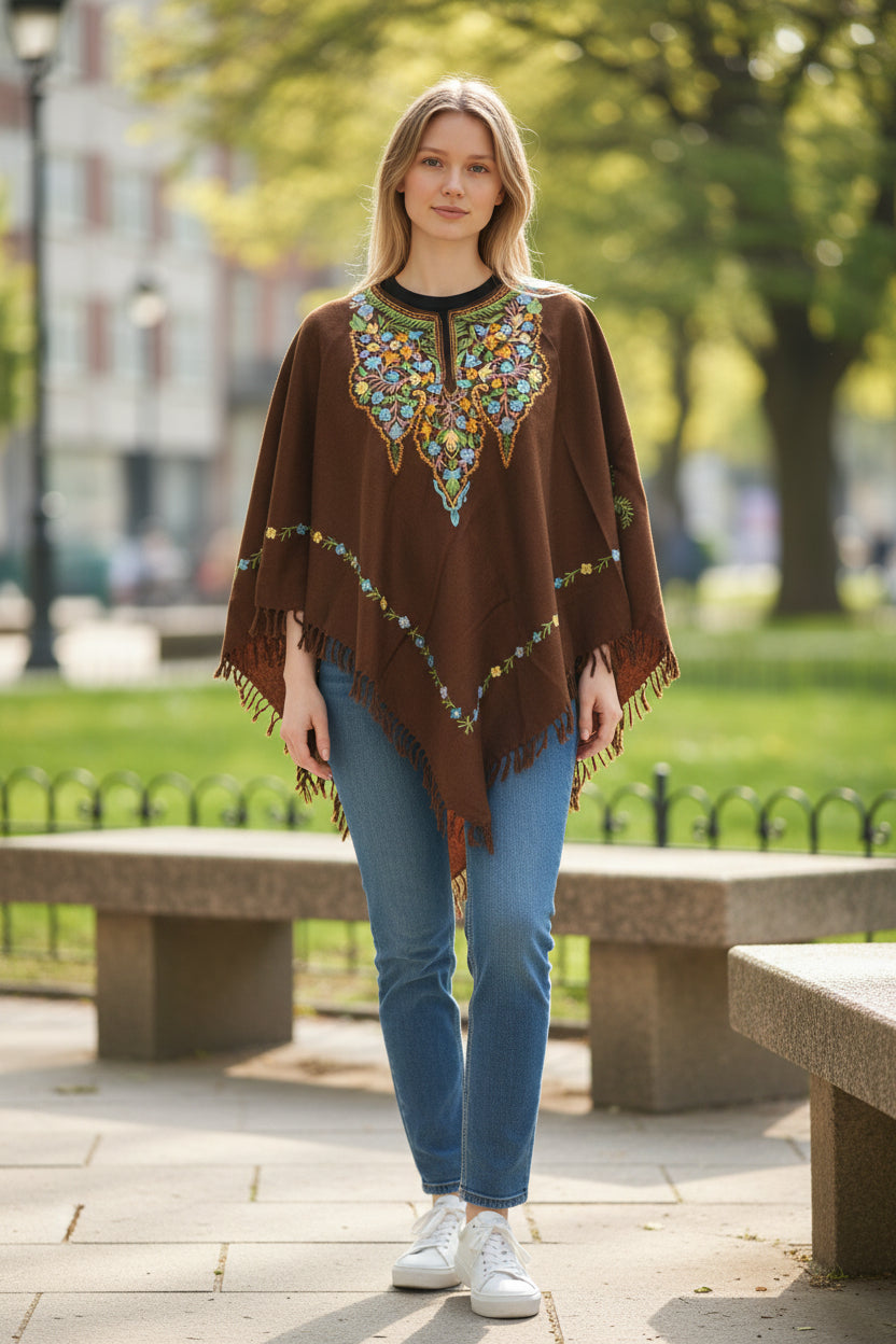 Kashmiri Woolen Ethenic Shrugs, Ponchu - Brown