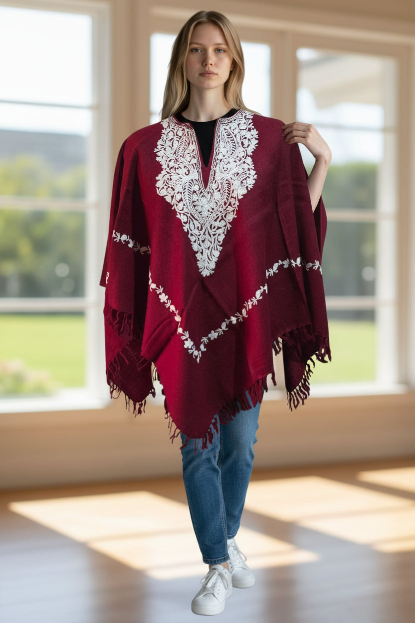 Kashmiri Woolen Ethenic Shrugs, Ponchu - Maroon