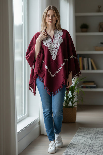Kashmiri Woolen Ethenic Shrugs, Ponchu - Maroon