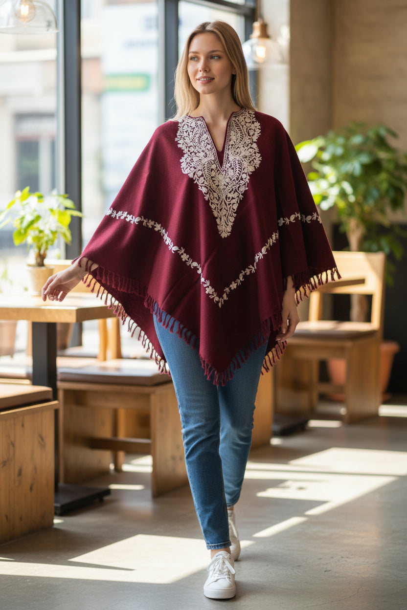 Kashmiri Woolen Ethenic Shrugs, Ponchu - Maroon