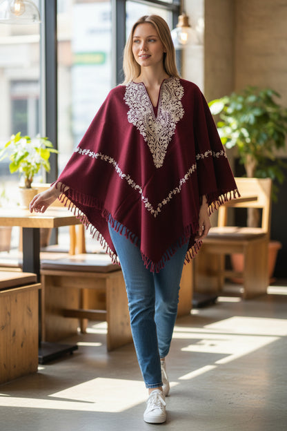 Kashmiri Woolen Ethenic Shrugs, Ponchu - Maroon