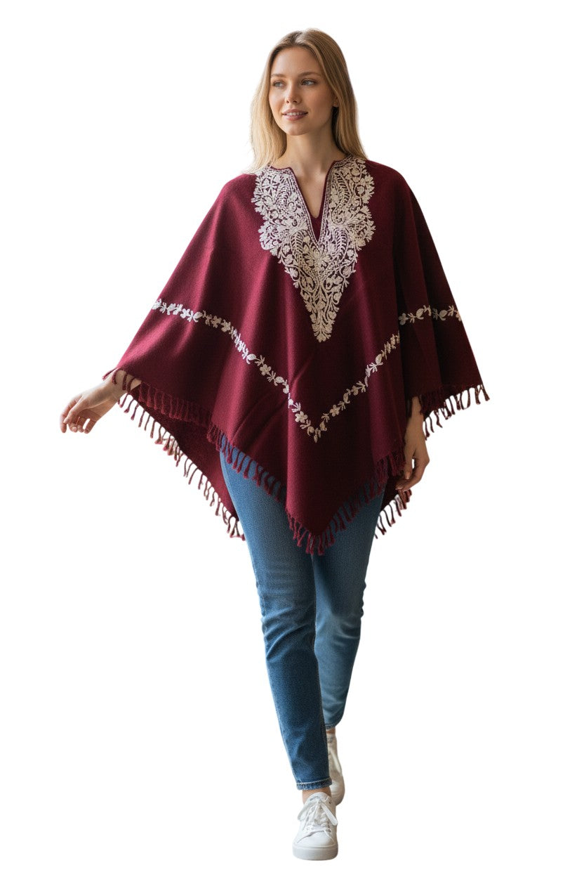 Kashmiri Woolen Ethenic Shrugs, Ponchu - Maroon