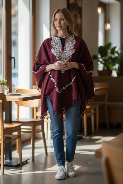 Kashmiri Woolen Ethenic Shrugs, Ponchu - Maroon