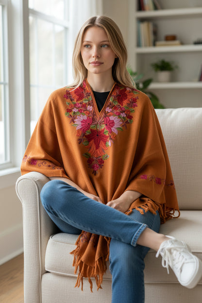 Kashmiri Woolen Ethenic Shrugs, Ponchu - Orange