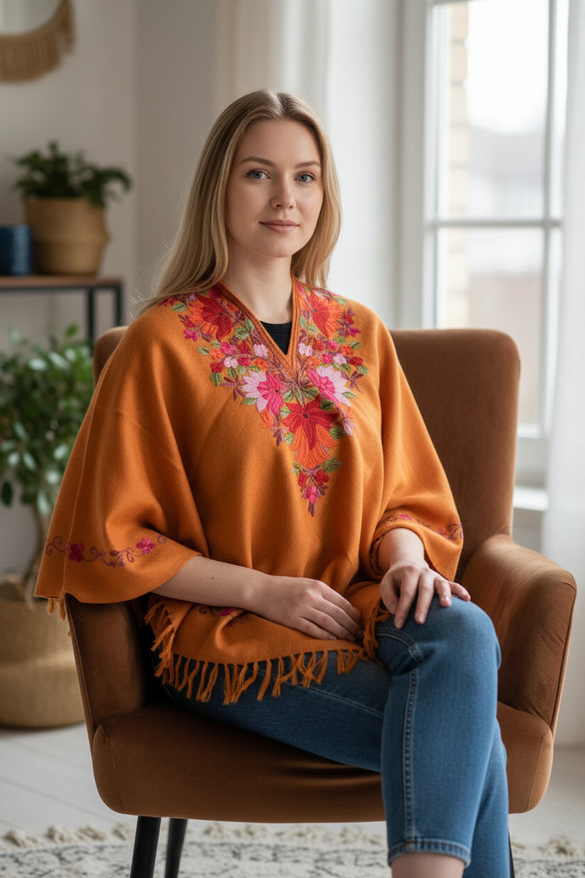 Kashmiri Woolen Ethenic Shrugs, Ponchu - Orange