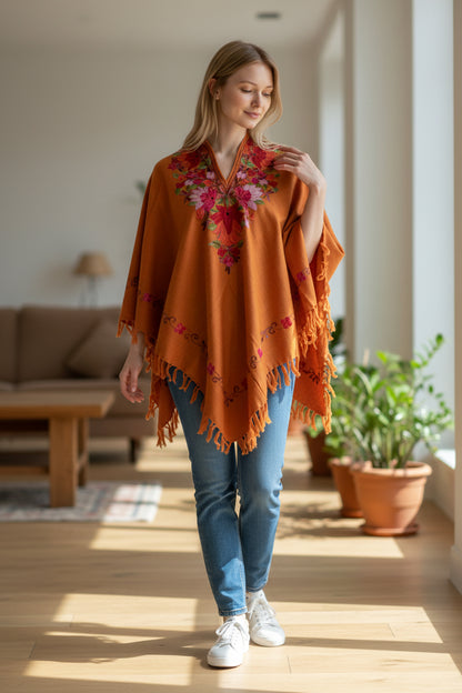 Kashmiri Woolen Ethenic Shrugs, Ponchu - Orange