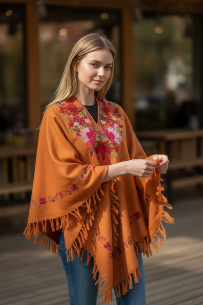 Kashmiri Woolen Ethenic Shrugs, Ponchu - Orange