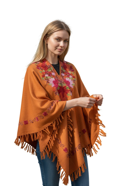 Kashmiri Woolen Ethenic Shrugs, Ponchu - Orange