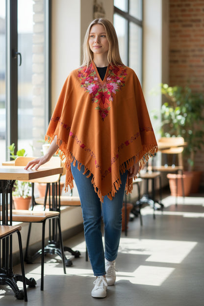 Kashmiri Woolen Ethenic Shrugs, Ponchu - Orange