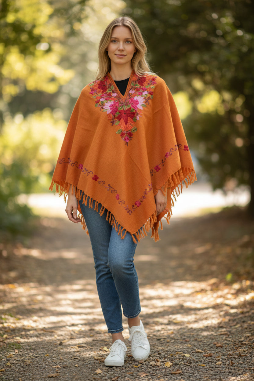 Kashmiri Woolen Ethenic Shrugs, Ponchu - Orange