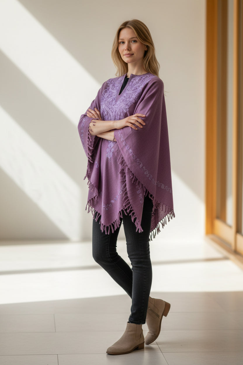 Kashmiri Woolen Ethenic Shrugs, Ponchu - Purple