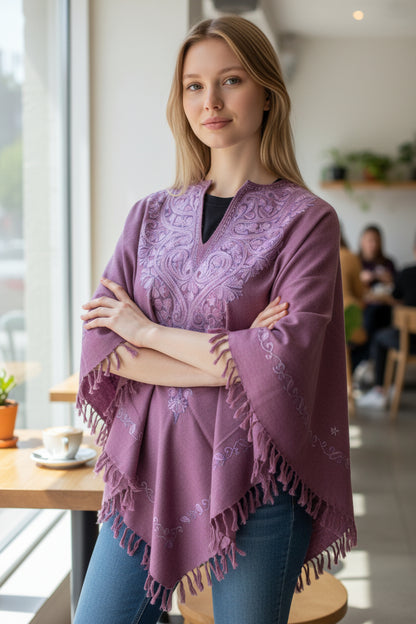 Kashmiri Woolen Ethenic Shrugs, Ponchu - Purple