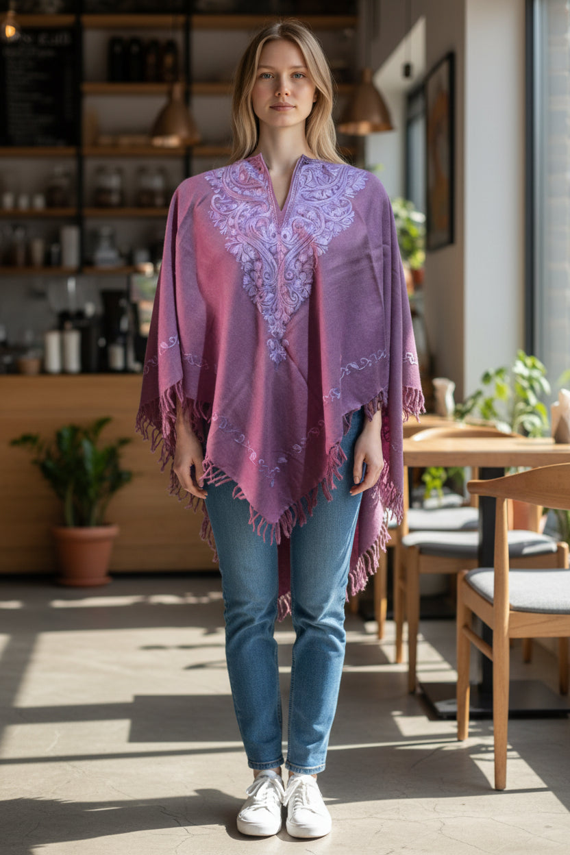 Kashmiri Woolen Ethenic Shrugs, Ponchu - Purple